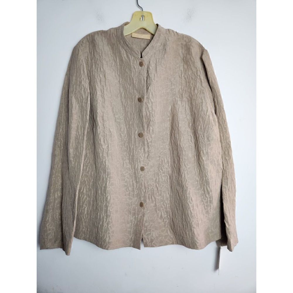 NWT Kate Hill Women Beige Silk/Linen Collarless Button Up Blouse sized 16W